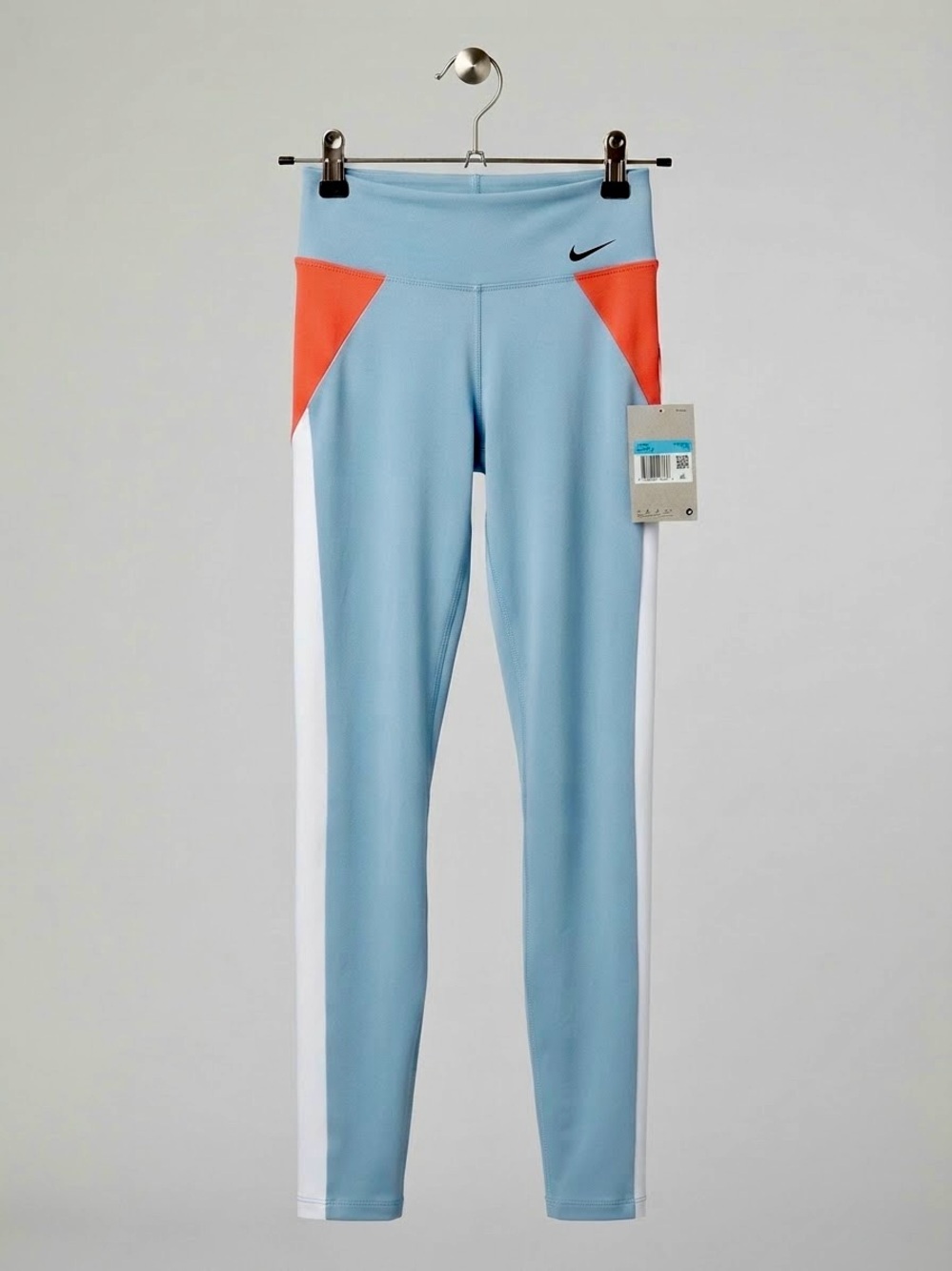 Nike Sky Blue Leggings with Orange Panels and White Side Stripes